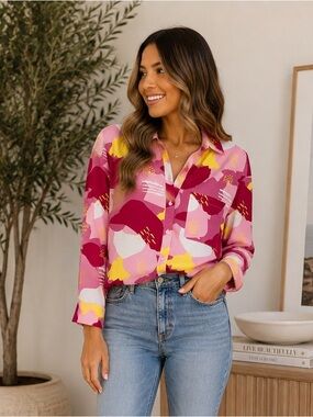 The Drop Bright Abstract Print Button-Up Shirt in Pink, Magenta & Yellow